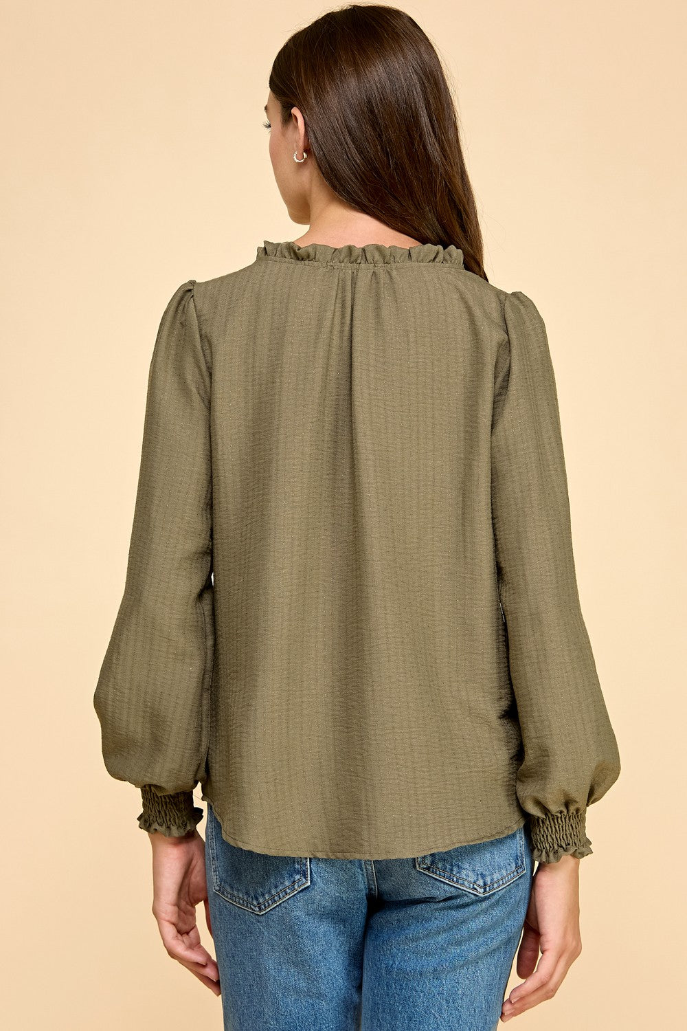 Textured Ruffle Neck LS Blouse