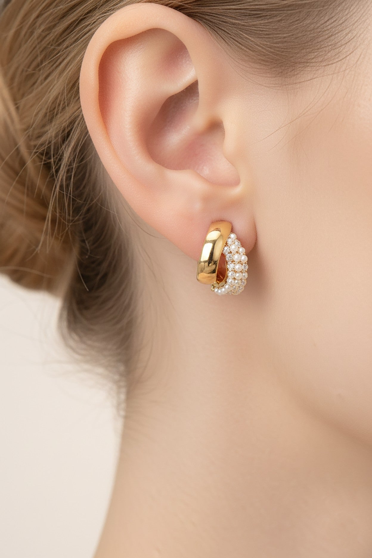 Pave Mini Pearl Huggie Hoops