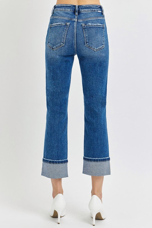 High Rise Ankle Straight Cuffed Jeans