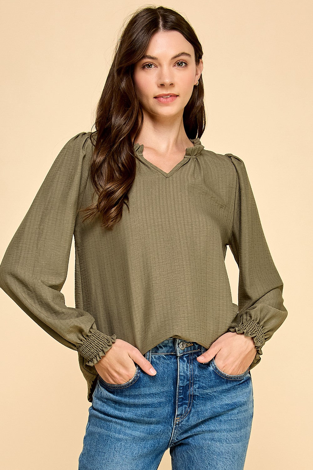 Textured Ruffle Neck LS Blouse