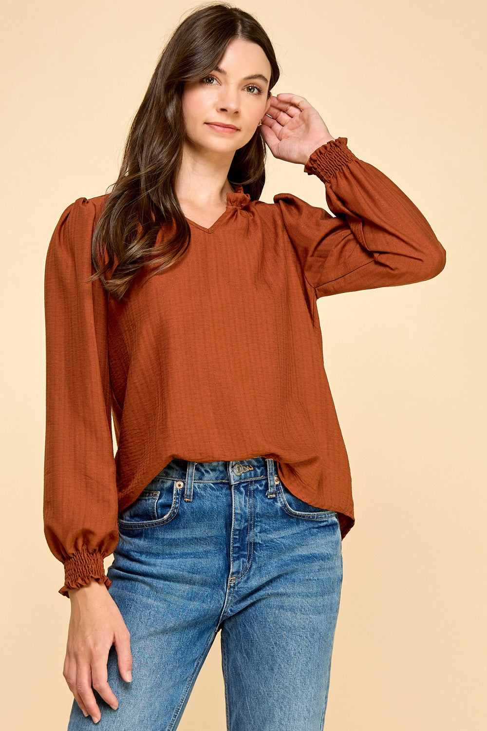 Textured Ruffle Neck LS Blouse