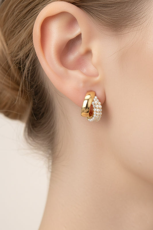 Pave Mini Pearl Huggie Hoops