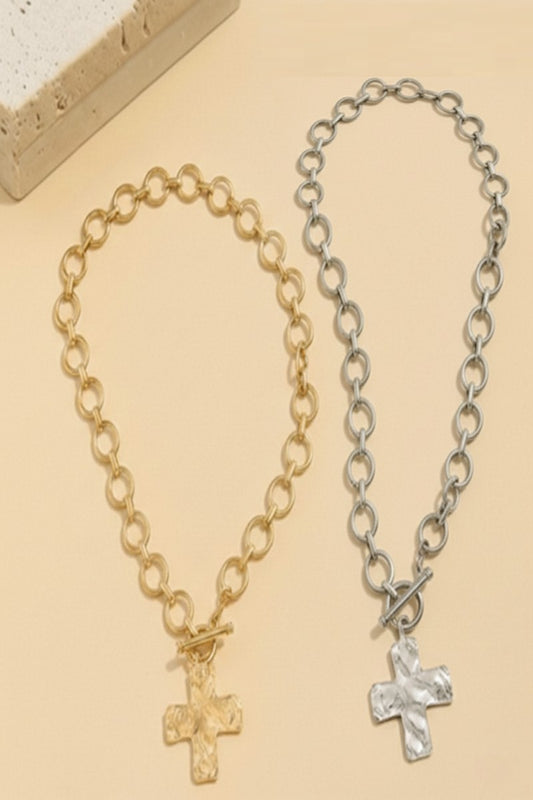 Hammered Cross Toggle Necklace