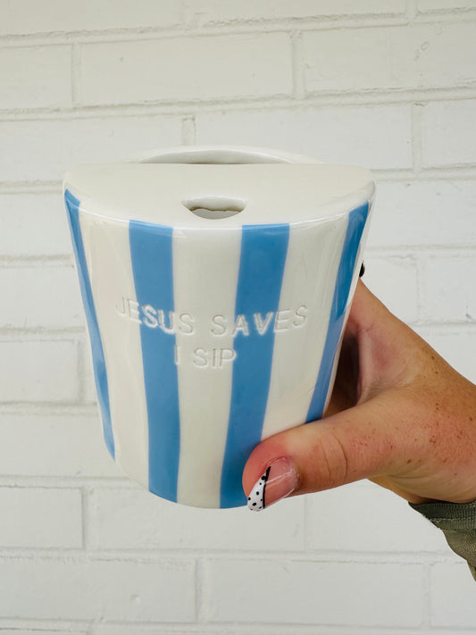 Christian Travel Mug | "Jesus Saves I Sip" Coffee Cup, Blue