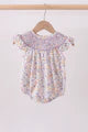 Purple floral smocked ruffle bubble