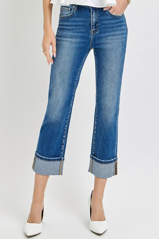 High Rise Ankle Straight Cuffed Jeans